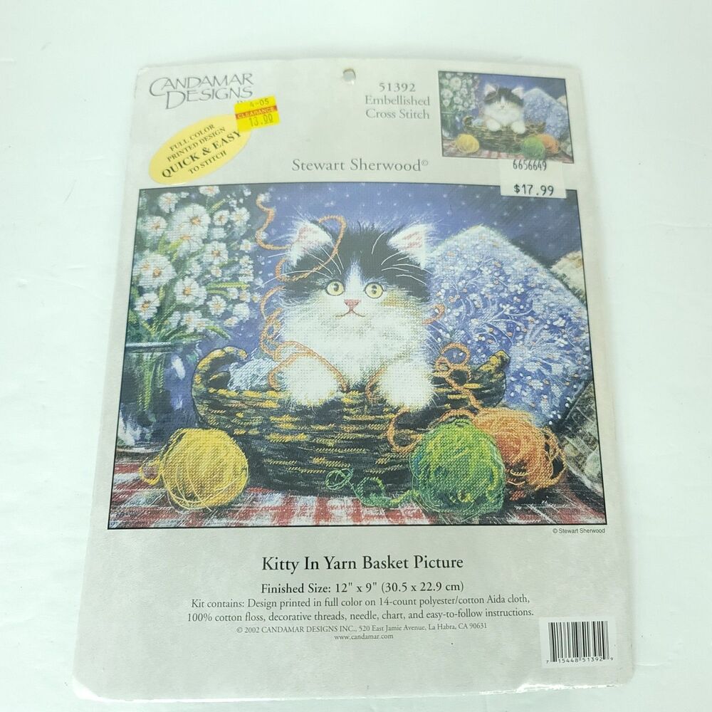 Candamar Designs #51392 Kitty in Yarn Basket Embellished Cross Stitch Kit NEW